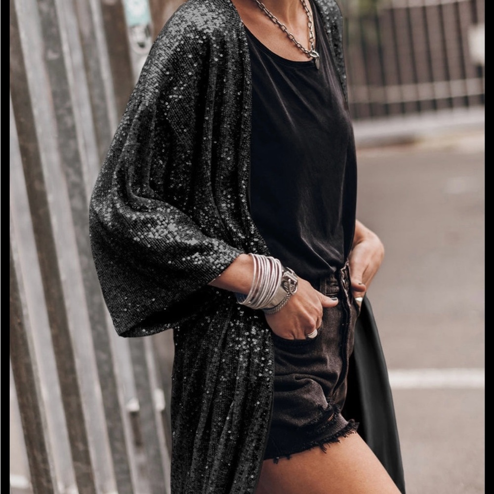 Sequin 3/4 Sleeve Open Front Duster Kimono